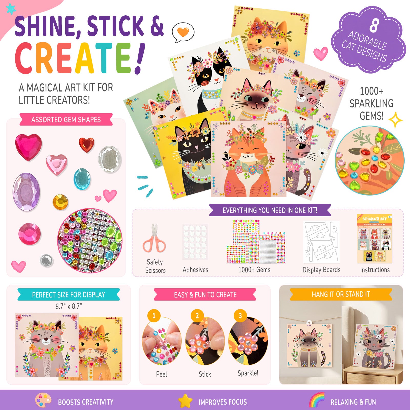 Wrapables Gem Sticker Art Kit, Diamond Painting Arts and Crafts Supplies, Gemstone Sticker DIY Crafts, Cats