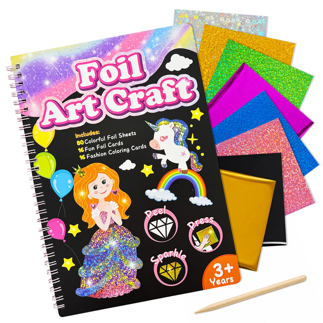 Wrapables Foil Art Kit, Mess-Free DIY Arts and Crafts Supplies, DIY Foil and Coloring Set For Girls Ages 3 and Up, Princess and Fantasy