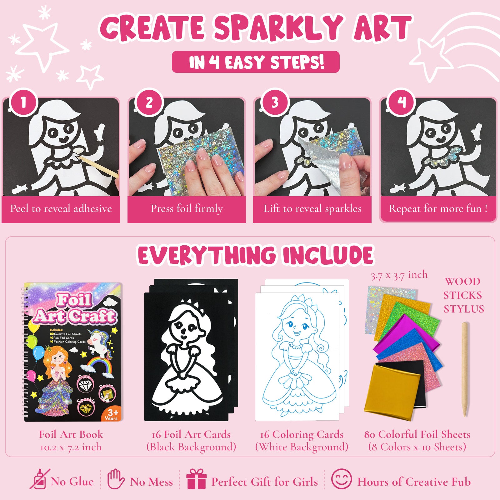 Wrapables Foil Art Kit, Mess-Free DIY Arts and Crafts Supplies, DIY Foil and Coloring Set For Girls Ages 3 and Up, Princess and Fantasy