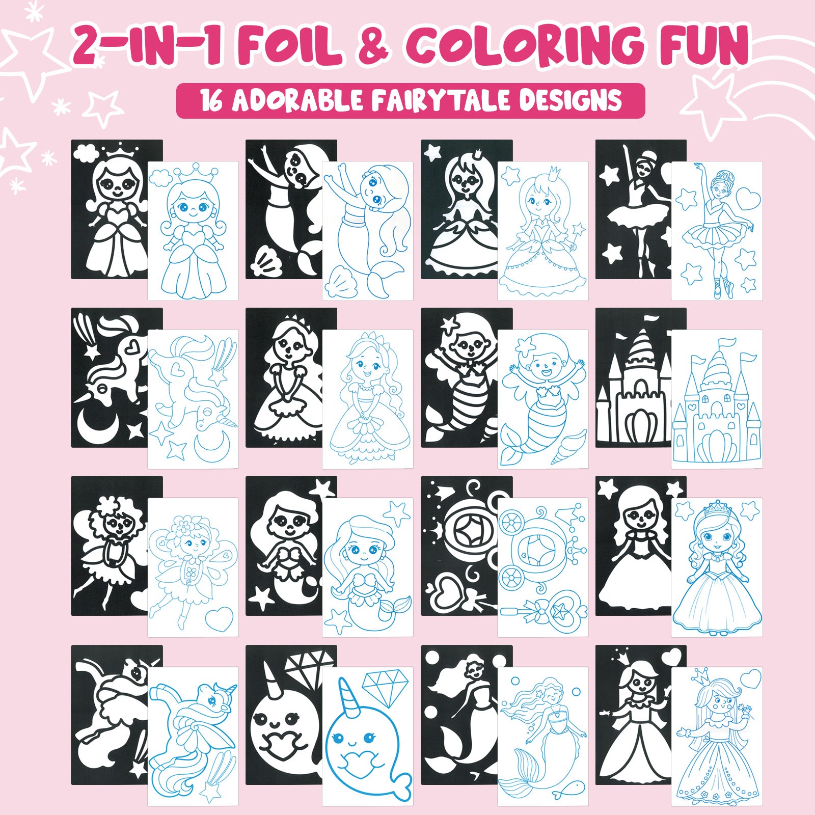 Wrapables Foil Art Kit, Mess-Free DIY Arts and Crafts Supplies, DIY Foil and Coloring Set For Girls Ages 3 and Up, Princess and Fantasy