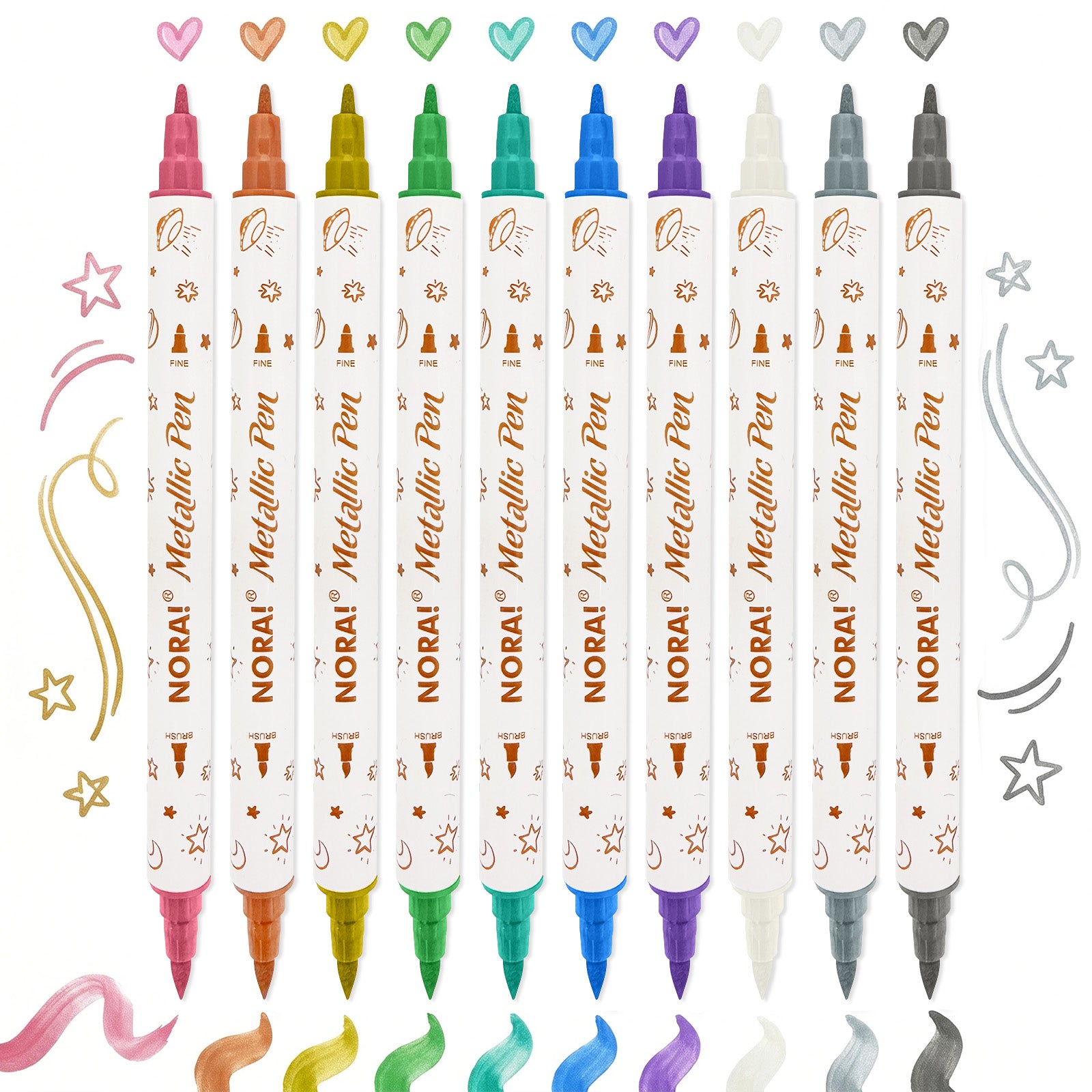 Wrapables 10ct Metallic Dual-Tip Markers, Brush and Fine Point Tip, for Scrapbooking, Journals, Card Making, Black Paper, DIY Arts and Crafts