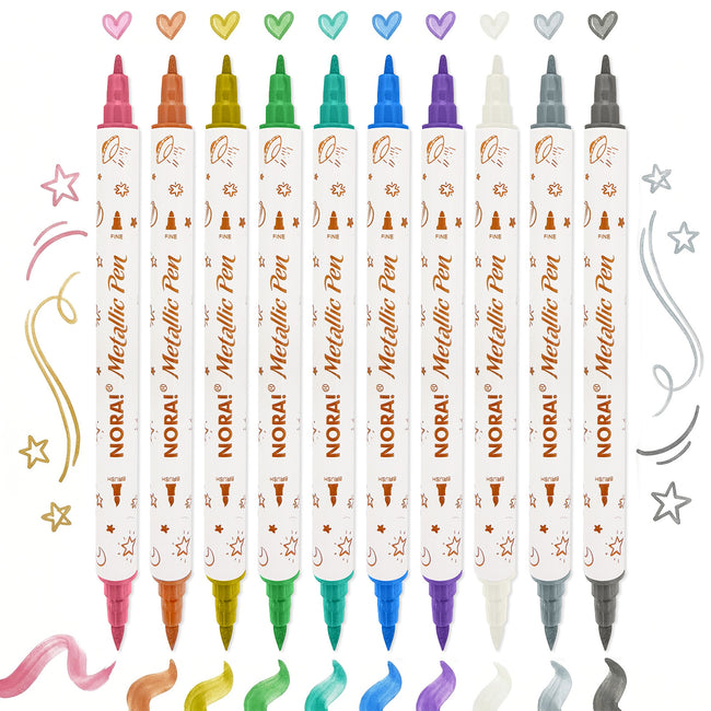 Wrapables 10ct Metallic Dual-Tip Markers, Brush and Fine Point Tip, for Scrapbooking, Journals, Card Making, Black Paper, DIY Arts and Crafts