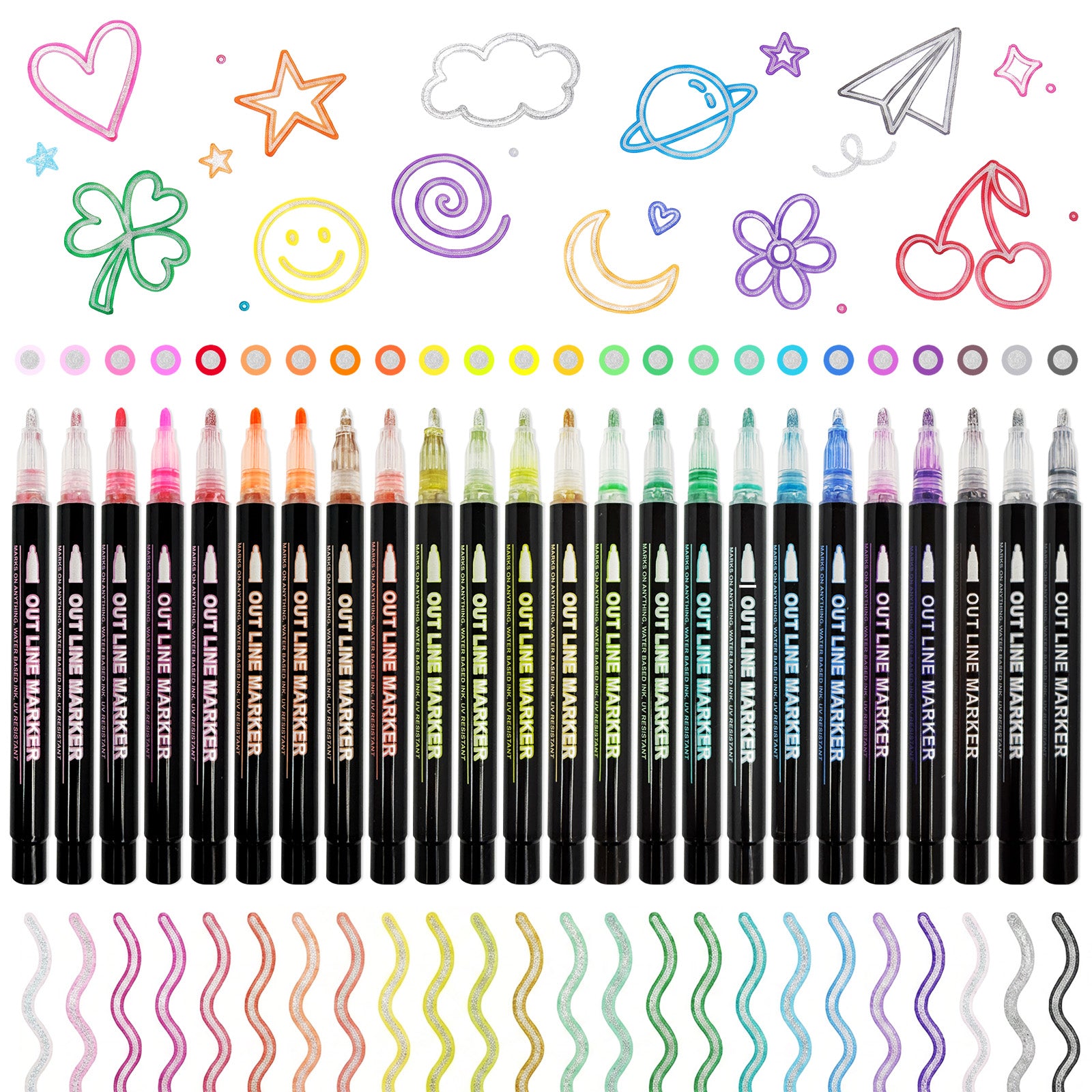Wrapables Metallic Outline Markers, Shimmer Glitter Pens for Drawing, Art Supplies (24 Colors)