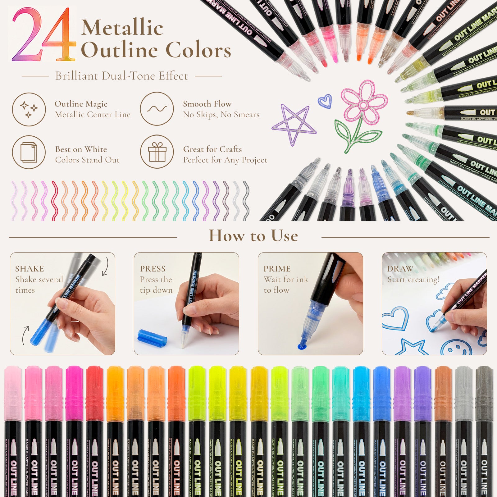 Wrapables Metallic Outline Markers, Shimmer Glitter Pens for Drawing, Art Supplies (24 Colors)