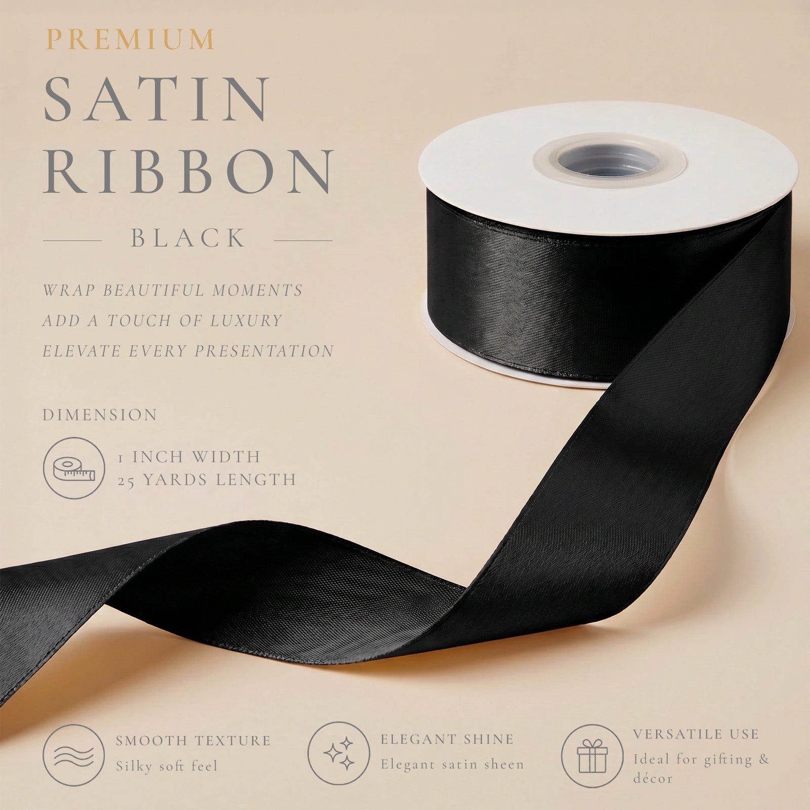 Wrapables Gift Wrapping, Wedding Decor, Floral Bouquets, DIY Crafts Satin Ribbon 1 Inch x 50 Yards (Set of 2), Black Tie