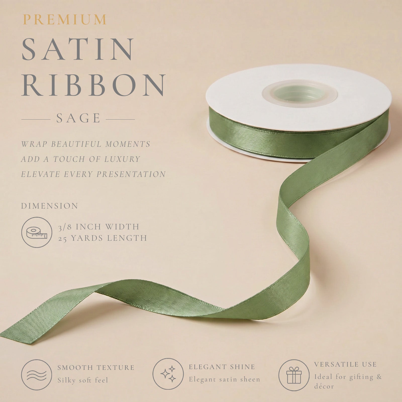 Wrapables Gift Wrapping, Wedding Decor, Floral Bouquets, DIY Crafts Satin Ribbon 3/8 Inch x 75 Yards (Set of 3), Greens