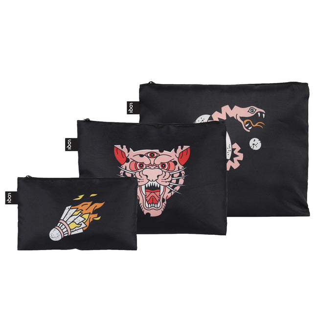 LOQI SNASK Tiger Black Recycled Zip Pockets, Travel Pouches