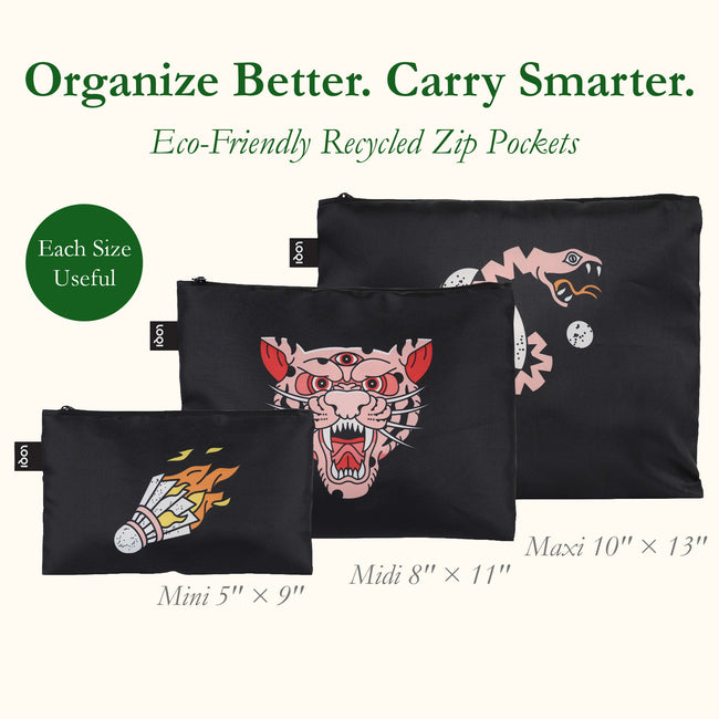 LOQI SNASK Tiger Black Recycled Zip Pockets, Travel Pouches