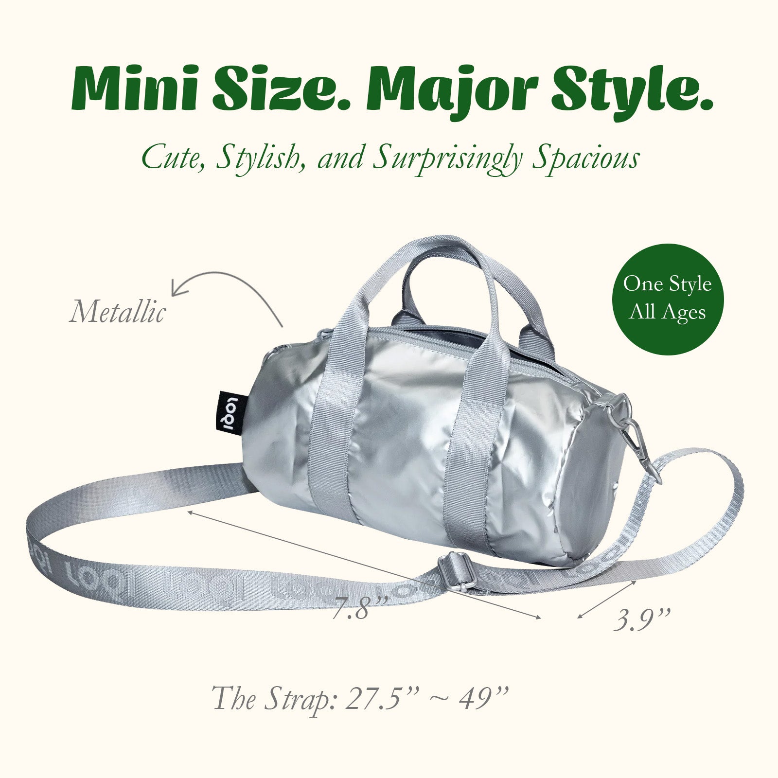 LOQI METALLIC Silver Small Weekender, Handbag, Crossbody Bag, Sling Bag