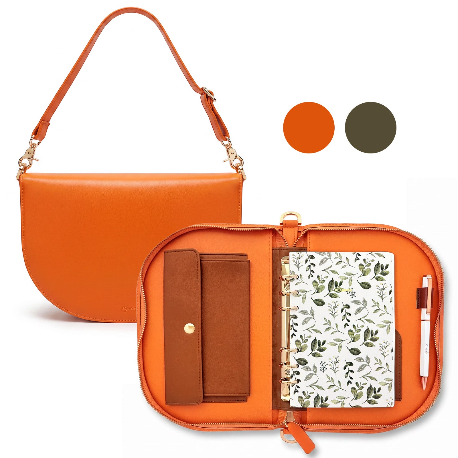 Wrapables A6 PU Leather Shoulder Planner and Journal Bag, Refillable 6-Ring Binder with Pen Holder for Work and Organization, Orange Poppy