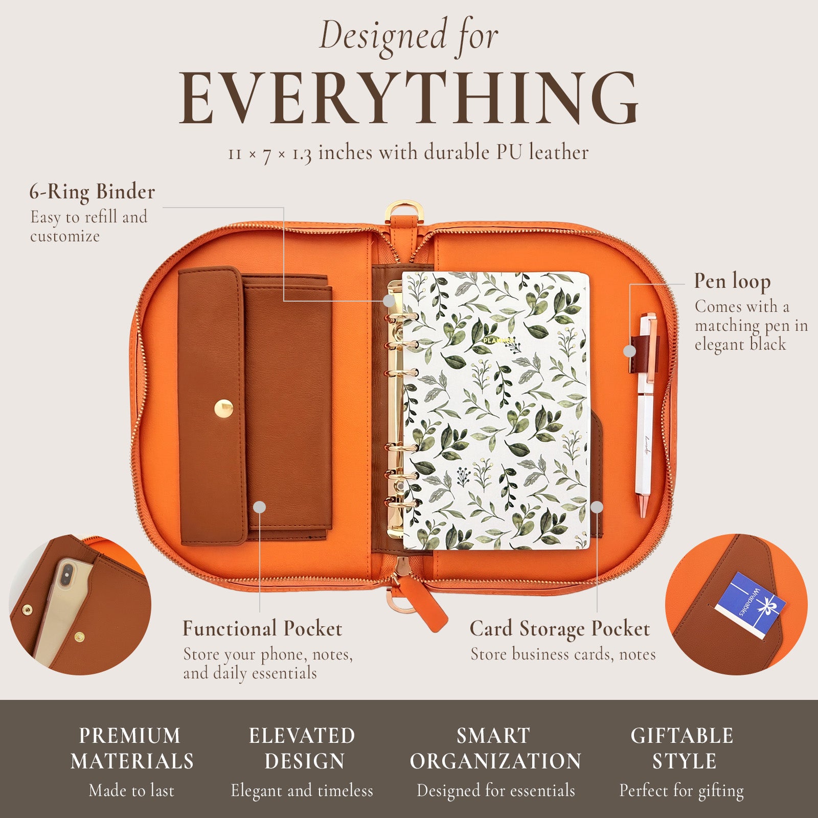 Wrapables A6 PU Leather Shoulder Planner and Journal Bag, Refillable 6-Ring Binder with Pen Holder for Work and Organization, Orange Poppy
