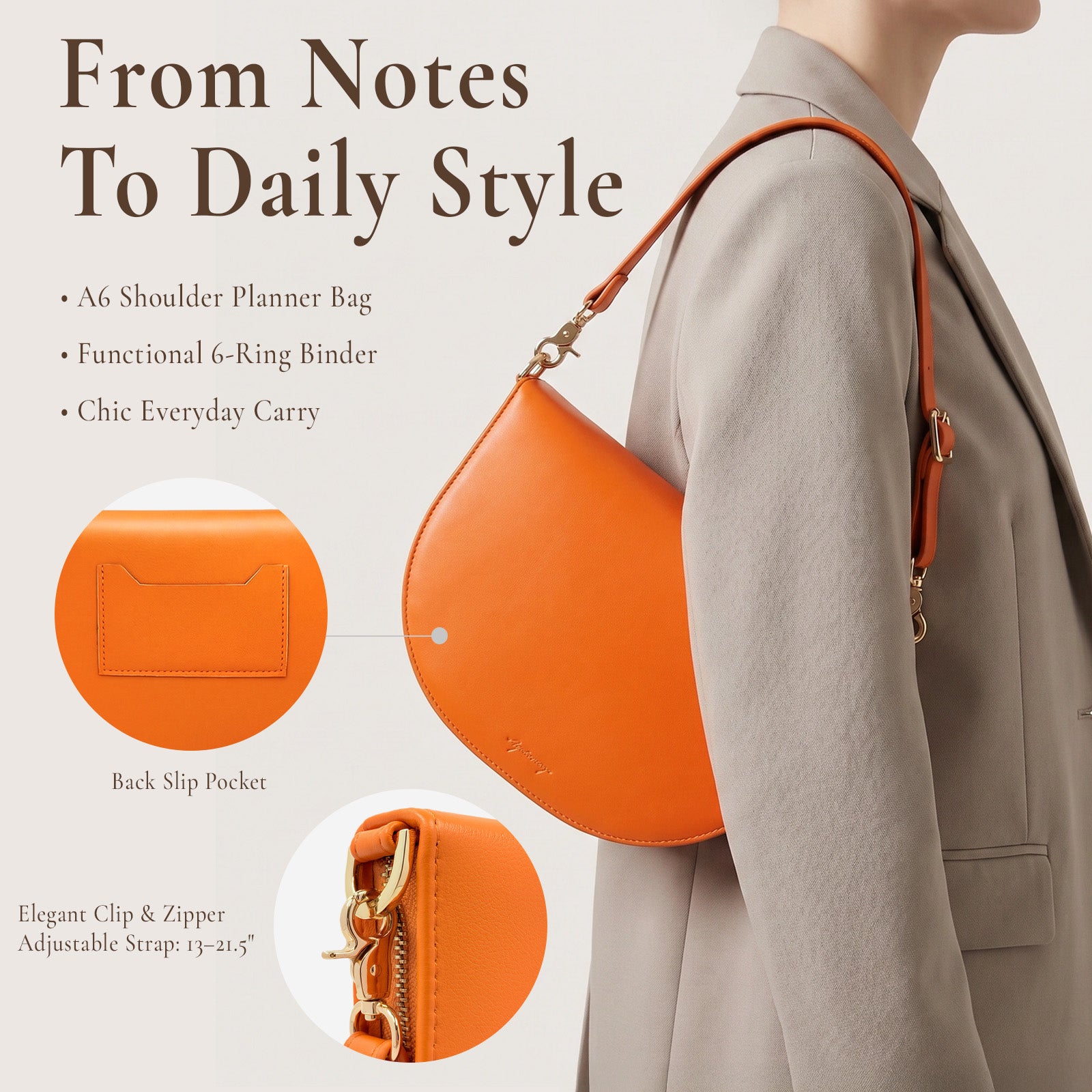 Wrapables A6 PU Leather Shoulder Planner and Journal Bag, Refillable 6-Ring Binder with Pen Holder for Work and Organization, Orange Poppy