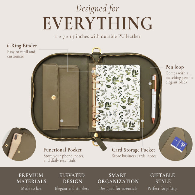 Wrapables A6 PU Leather Shoulder Planner and Journal Bag, Refillable 6-Ring Binder with Pen Holder for Work and Organization, Sage Green
