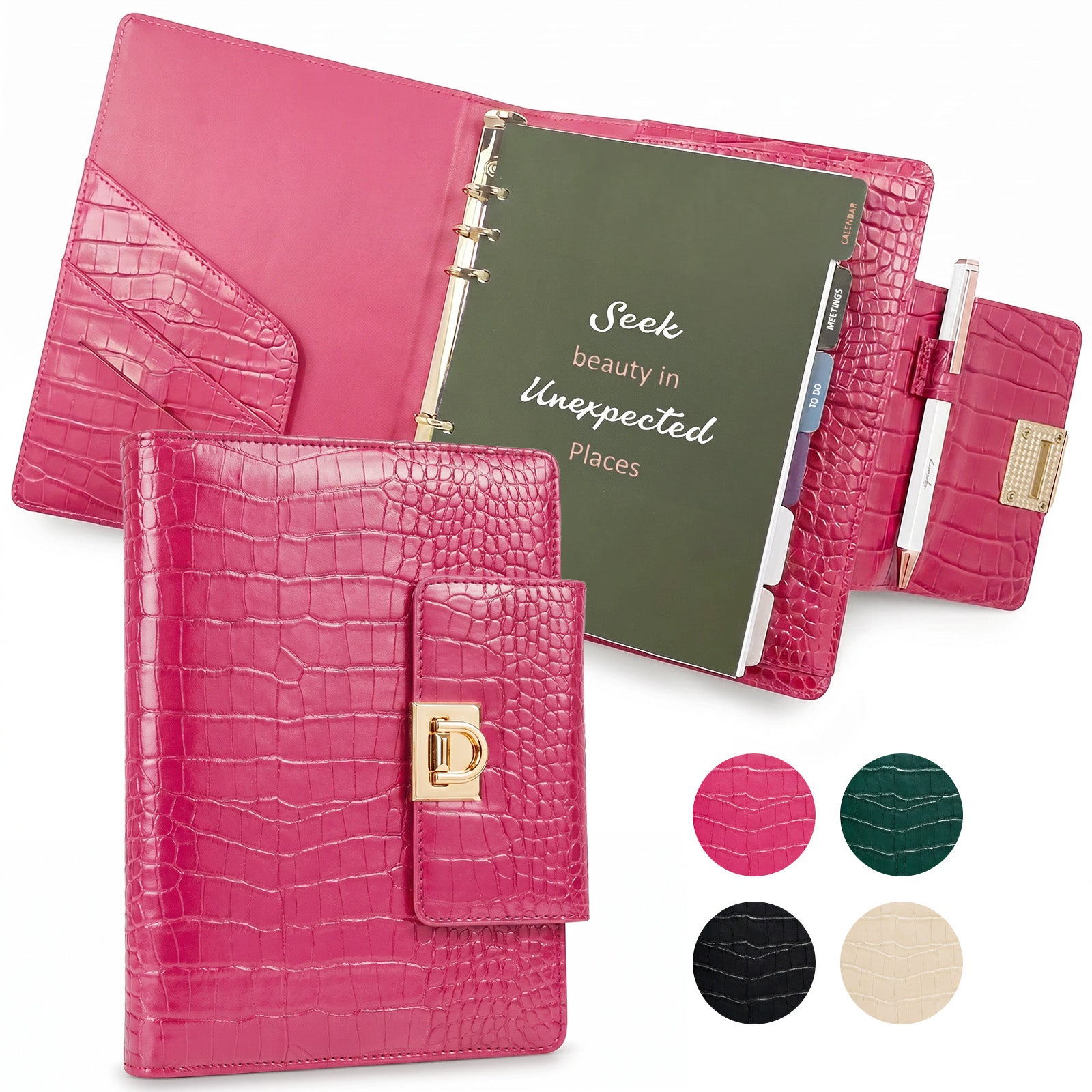 Wrapables A5 PU Leather Croc-Embossed Planner and Journal Clutch, Refillable 6-Ring Binder for Work and Organization, Rose Pink
