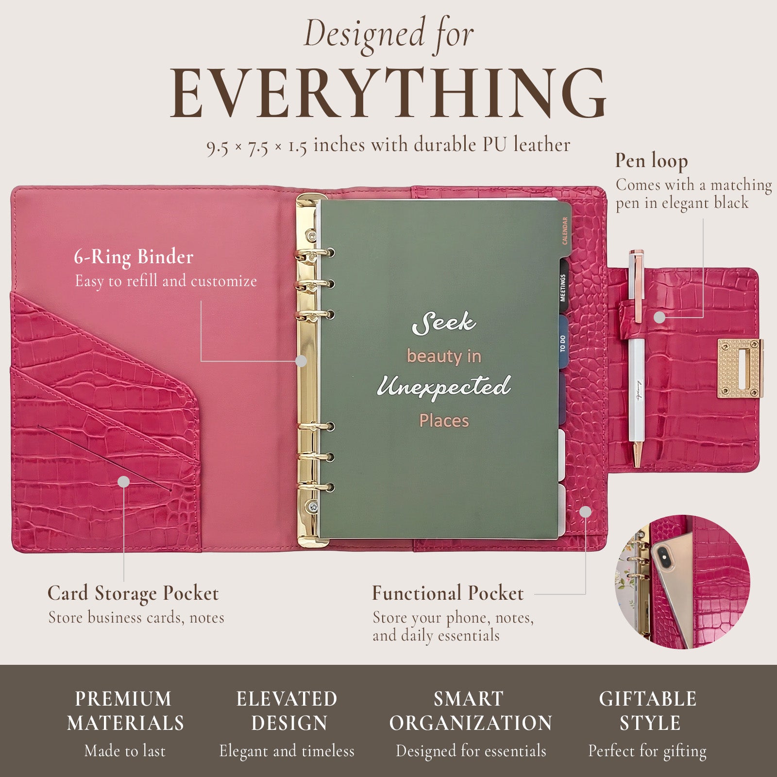 Wrapables A5 PU Leather Croc-Embossed Planner and Journal Clutch, Refillable 6-Ring Binder for Work and Organization, Rose Pink