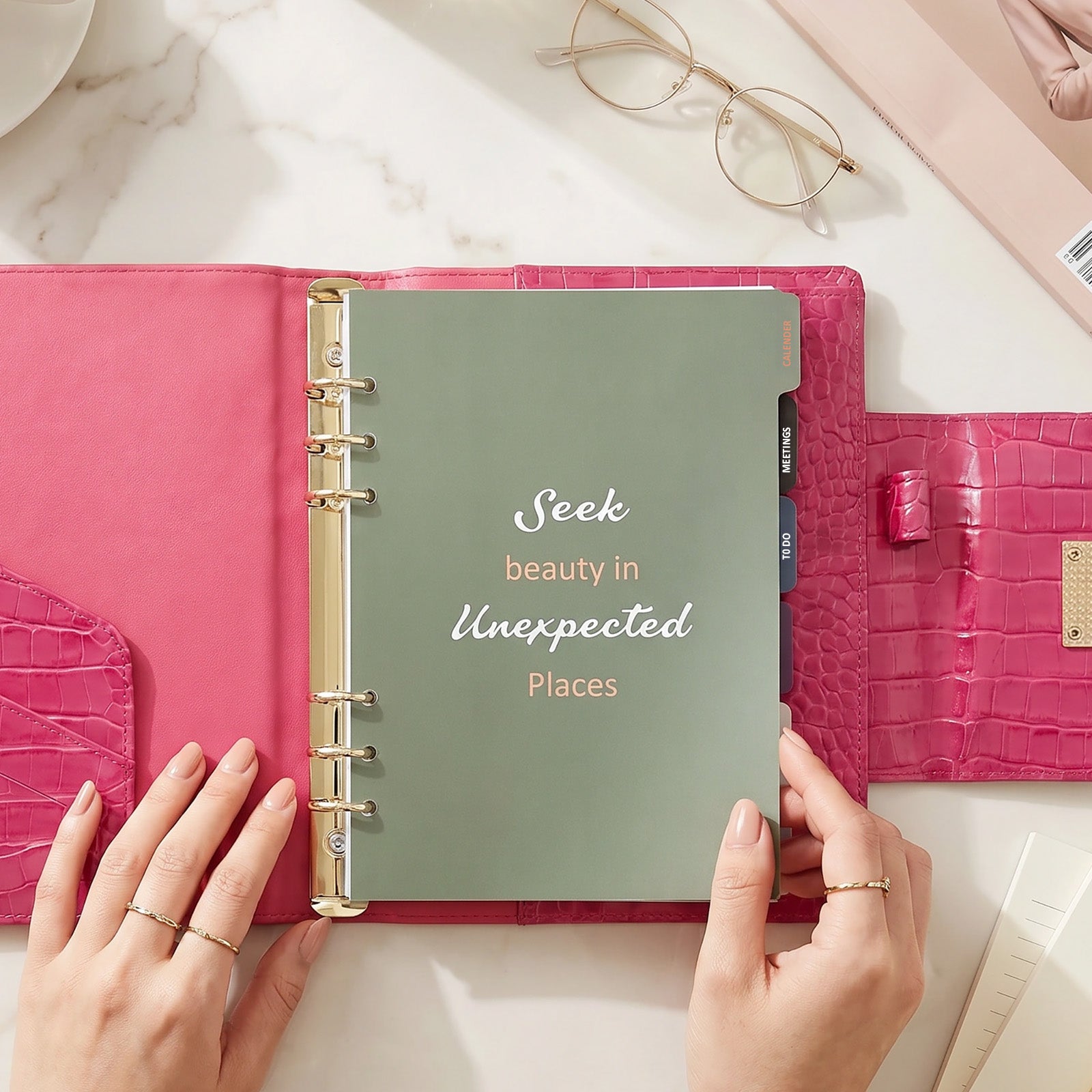 Wrapables A5 PU Leather Croc-Embossed Planner and Journal Clutch, Refillable 6-Ring Binder for Work and Organization, Rose Pink