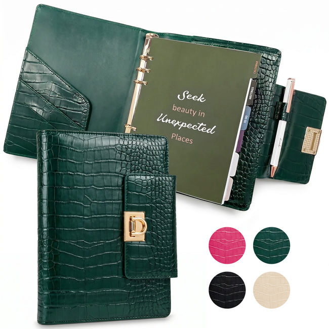 Wrapables A5 PU Leather Croc-Embossed Planner and Journal Clutch, Refillable 6-Ring Binder for Work and Organization, Emerald Luxe
