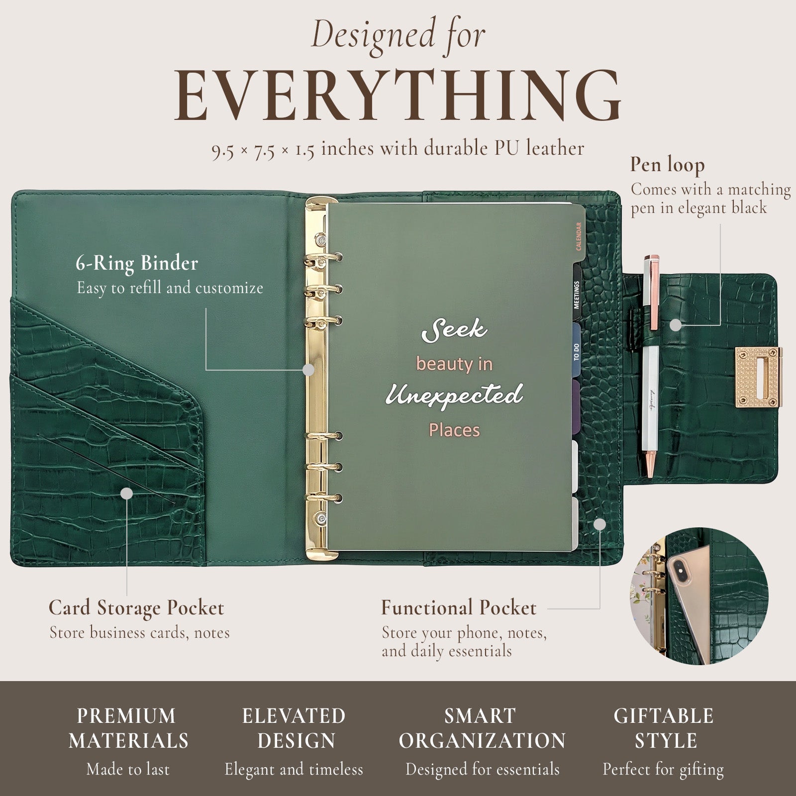 Wrapables A5 PU Leather Croc-Embossed Planner and Journal Clutch, Refillable 6-Ring Binder for Work and Organization, Emerald Luxe