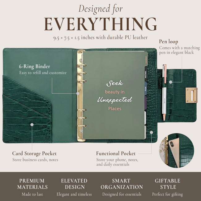 Wrapables A5 PU Leather Croc-Embossed Planner and Journal Clutch, Refillable 6-Ring Binder for Work and Organization, Emerald Luxe