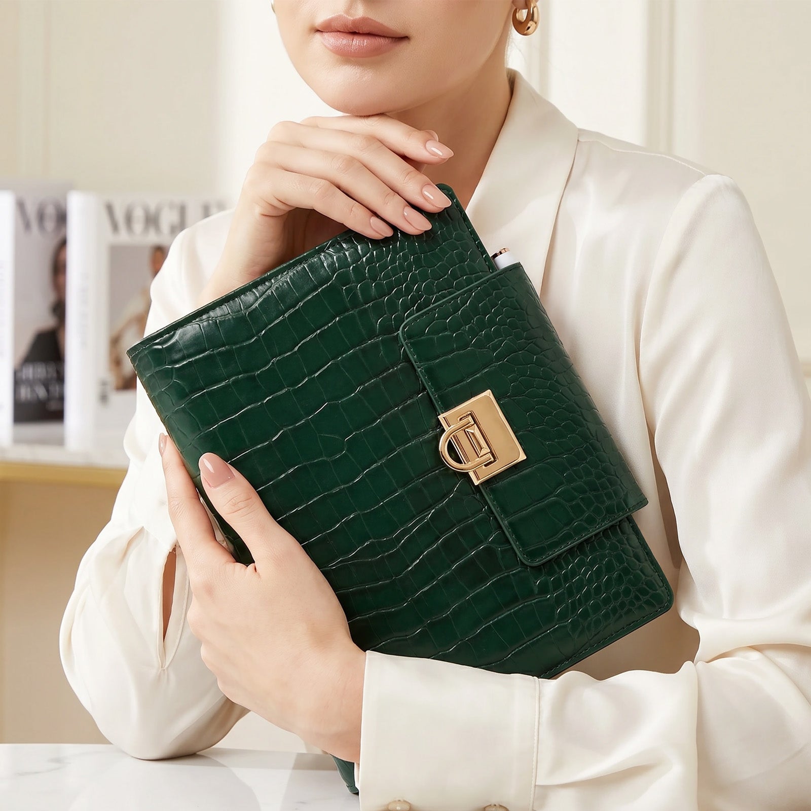 Wrapables A5 PU Leather Croc-Embossed Planner and Journal Clutch, Refillable 6-Ring Binder for Work and Organization, Emerald Luxe