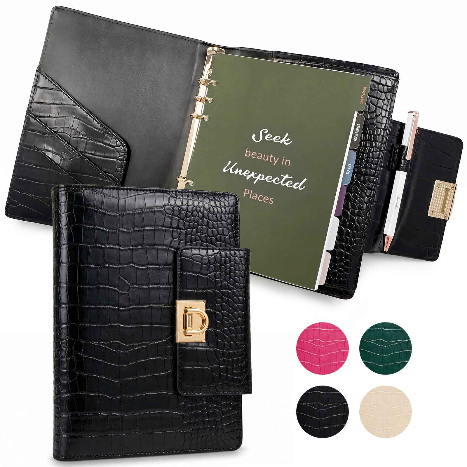 Wrapables A5 PU Leather Croc-Embossed Planner and Journal Clutch, Refillable 6-Ring Binder for Work and Organization, Classic Noir
