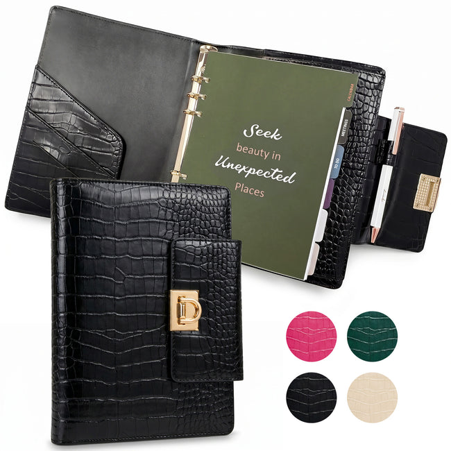 Wrapables A5 PU Leather Croc-Embossed Planner and Journal Clutch, Refillable 6-Ring Binder for Work and Organization, Classic Noir