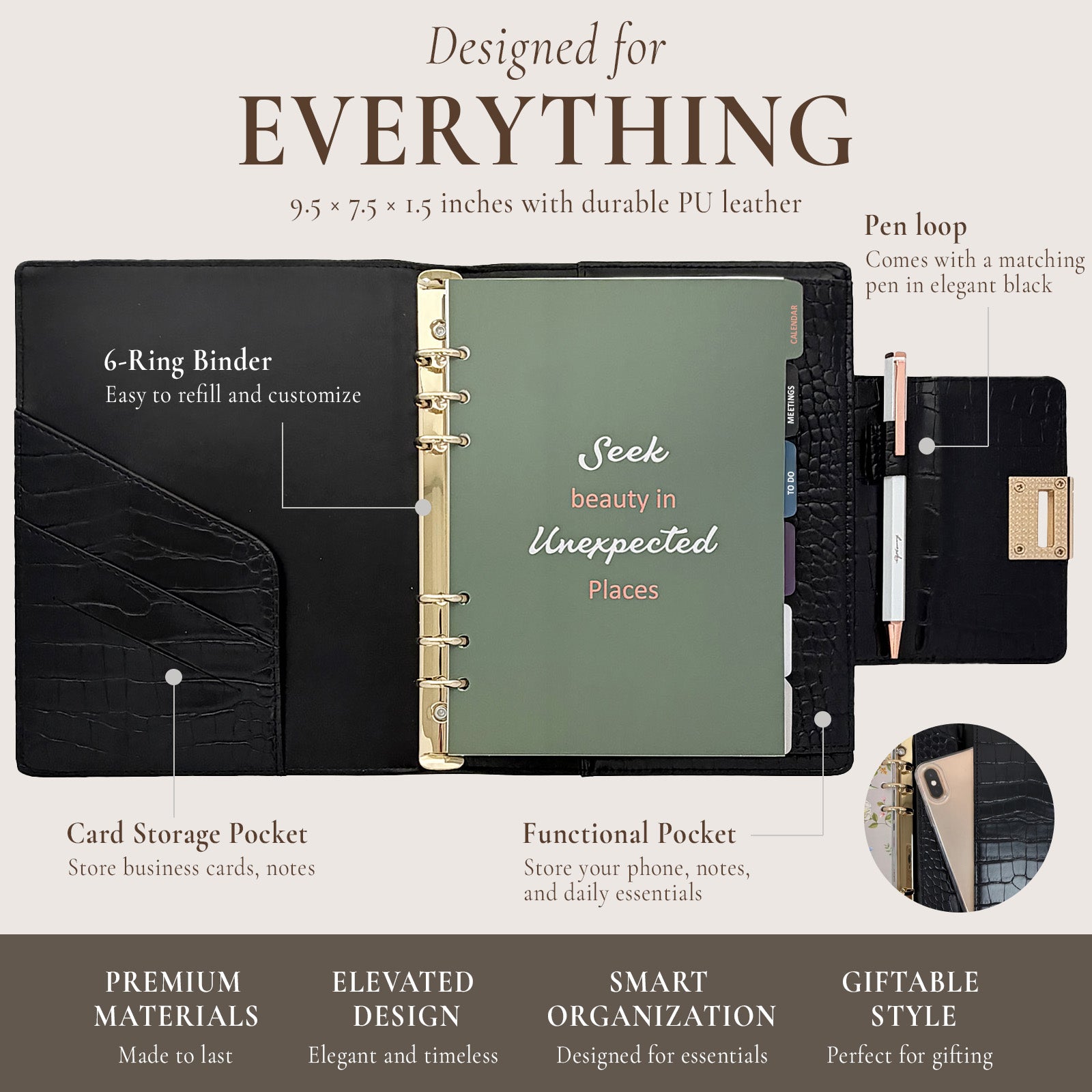 Wrapables A5 PU Leather Croc-Embossed Planner and Journal Clutch, Refillable 6-Ring Binder for Work and Organization, Classic Noir