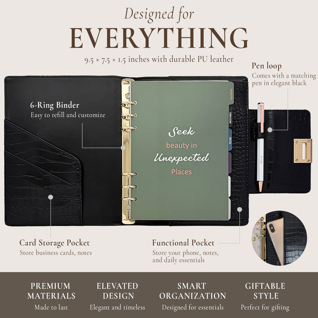 Wrapables A5 PU Leather Croc-Embossed Planner and Journal Clutch, Refillable 6-Ring Binder for Work and Organization, Classic Noir