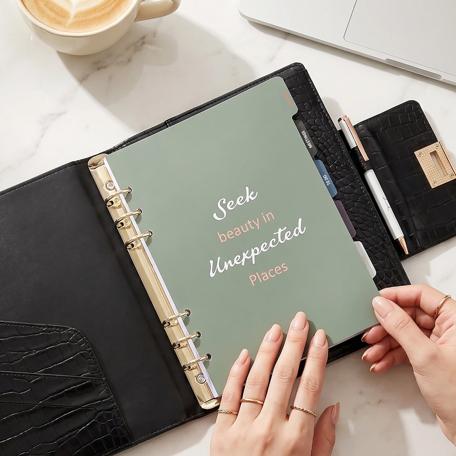 Wrapables A5 PU Leather Croc-Embossed Planner and Journal Clutch, Refillable 6-Ring Binder for Work and Organization, Classic Noir
