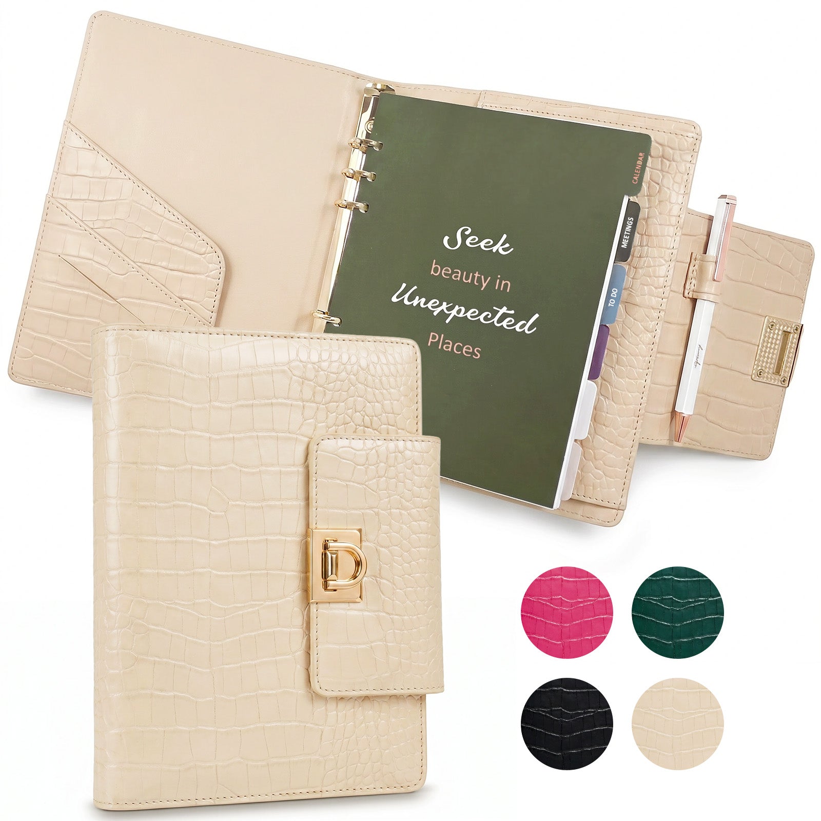 Wrapables A5 PU Leather Croc-Embossed Planner and Journal Clutch, Refillable 6-Ring Binder for Work and Organization, Pearl Allure