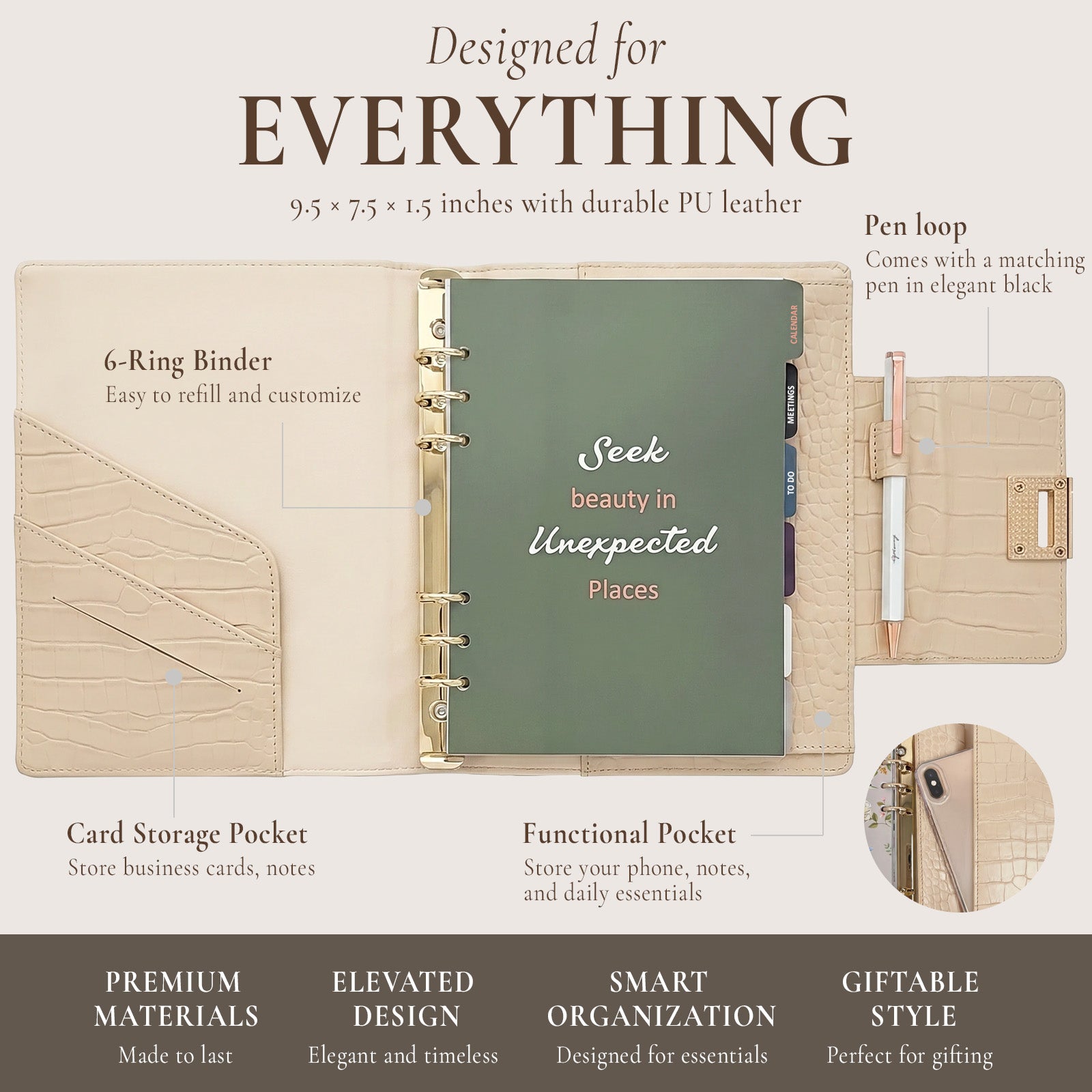Wrapables A5 PU Leather Croc-Embossed Planner and Journal Clutch, Refillable 6-Ring Binder for Work and Organization, Pearl Allure