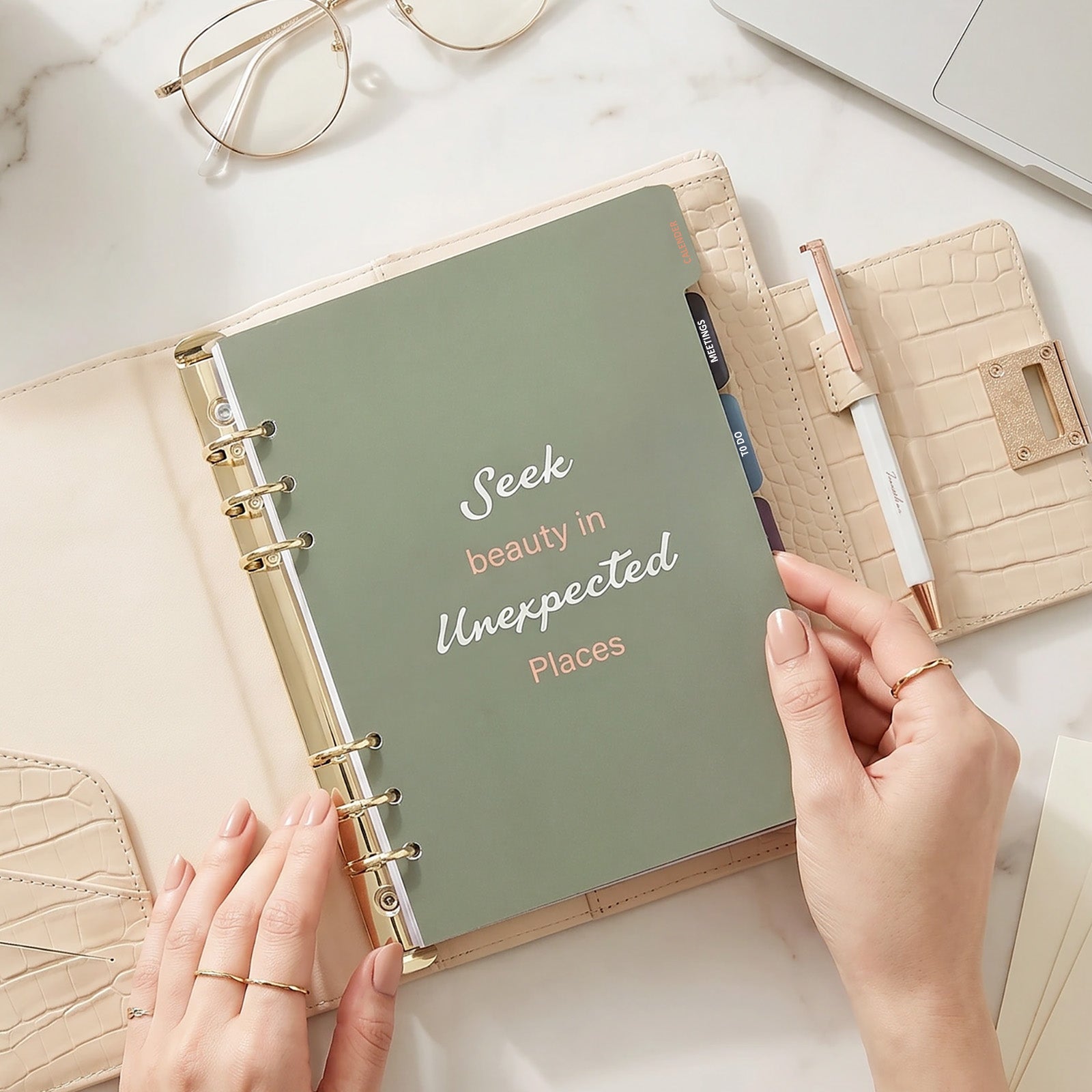 Wrapables A5 PU Leather Croc-Embossed Planner and Journal Clutch, Refillable 6-Ring Binder for Work and Organization, Pearl Allure