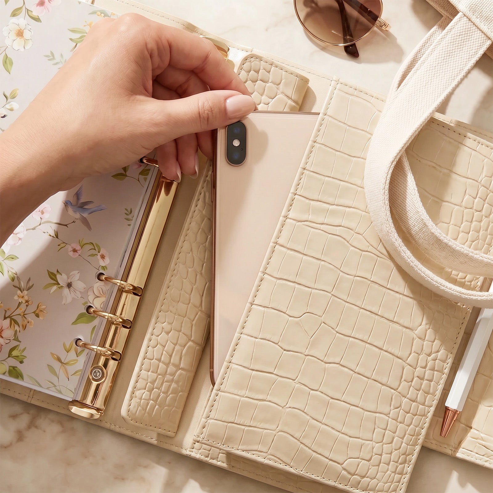 Wrapables A5 PU Leather Croc-Embossed Planner and Journal Clutch, Refillable 6-Ring Binder for Work and Organization, Pearl Allure