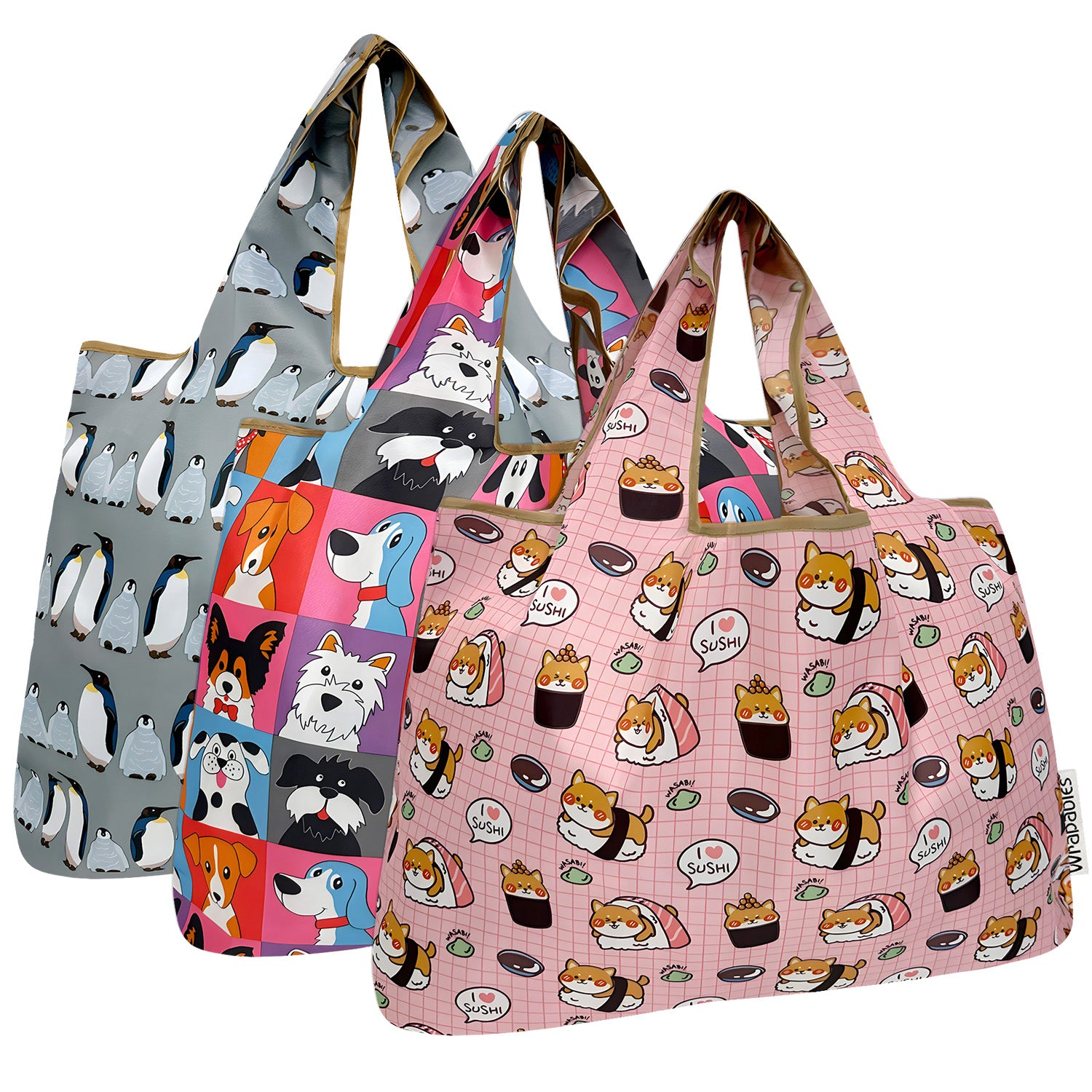 Wrapables Large Nylon Reusable Shopping Bags Foldable Shopping Tote Bags, Reusable Grocery Bags, Travel Bags (Set of 3), Dogs and Penguins