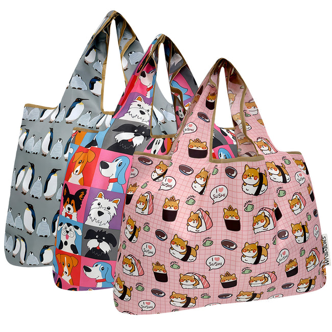 Wrapables Large Foldable Tote Nylon Reusable Grocery Bags (Set of 3), Dogs and Penguins
