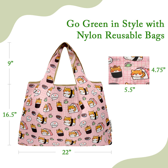 Wrapables Large Foldable Tote Nylon Reusable Grocery Bags (Set of 3), Dogs and Penguins