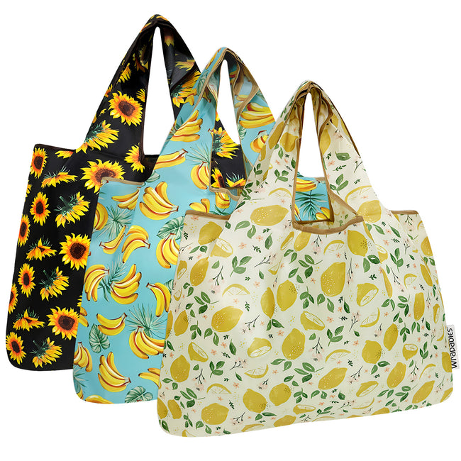 Wrapables Large Foldable Tote Nylon Reusable Grocery Bags (Set of 3), Floral Fruit