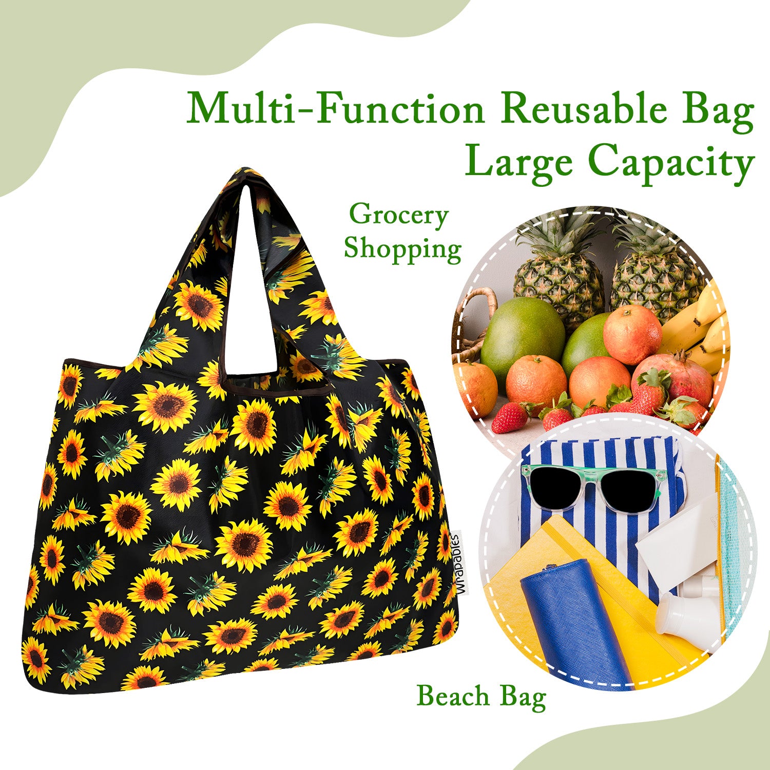 Wrapables Large Nylon Reusable Shopping Bags Foldable Shopping Tote Bags, Reusable Grocery Bags, Travel Bags (Set of 3), Floral Fruit