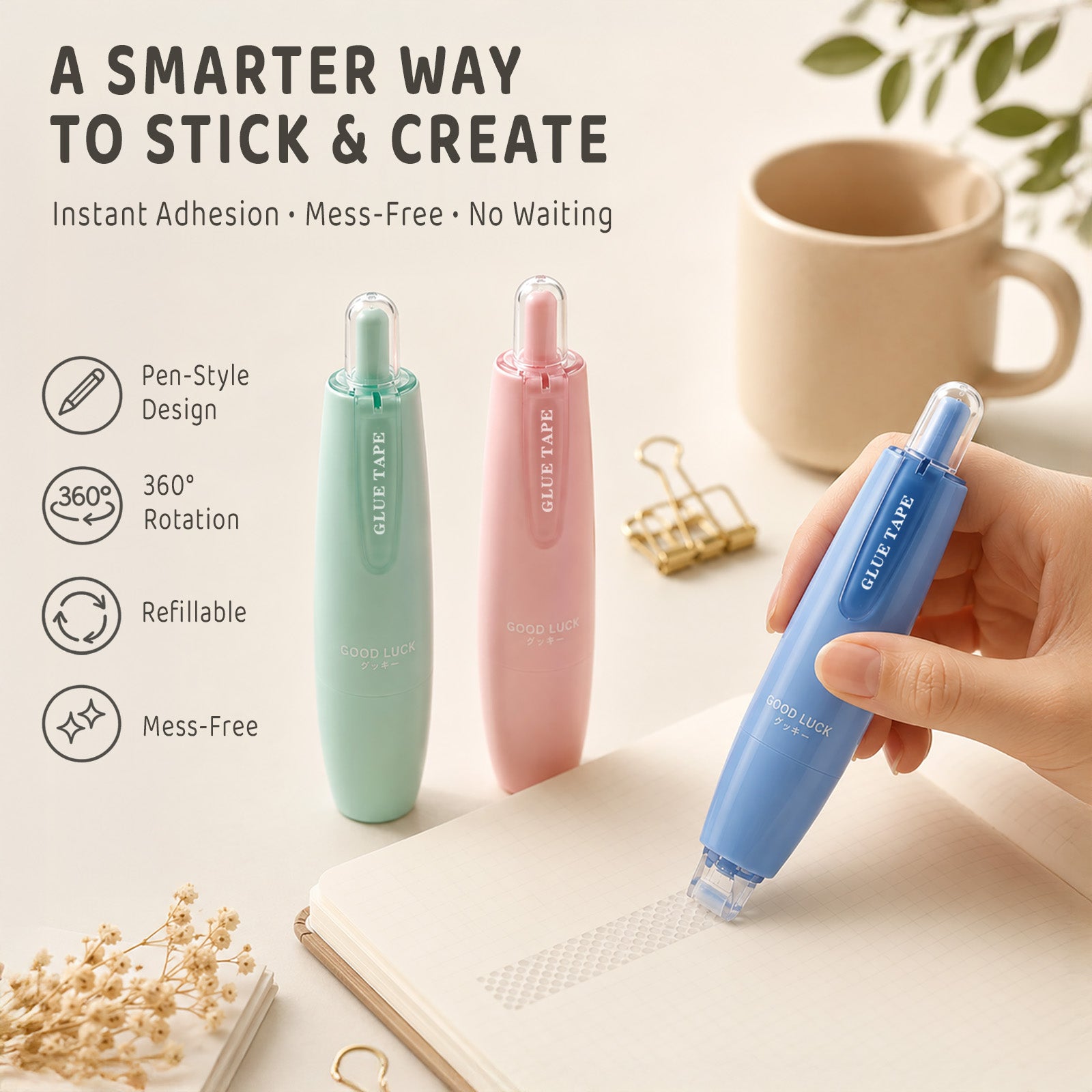 Wrapables Double-Sided Retractable Glue Tape Pens with Refills, for Scrapbooking Supplies, Journaling, Photos, Card-Making, Crafts, Office (Set of 3)
