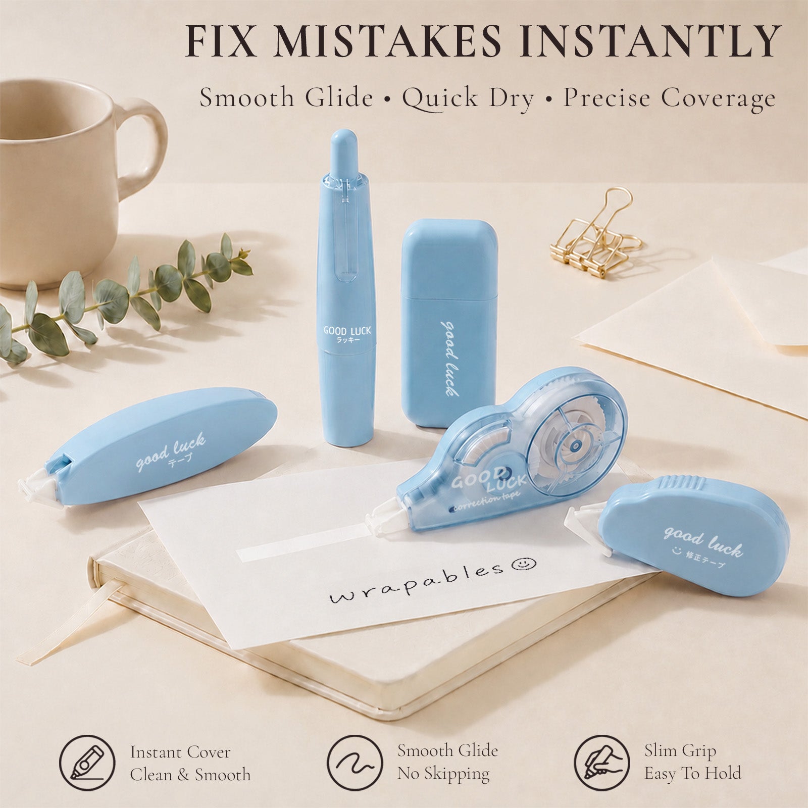 Wrapables Aesthetic White Correction Tape Set, Smooth Pull Out White Correction Tape for Office Supplies (Set of 5), Blue