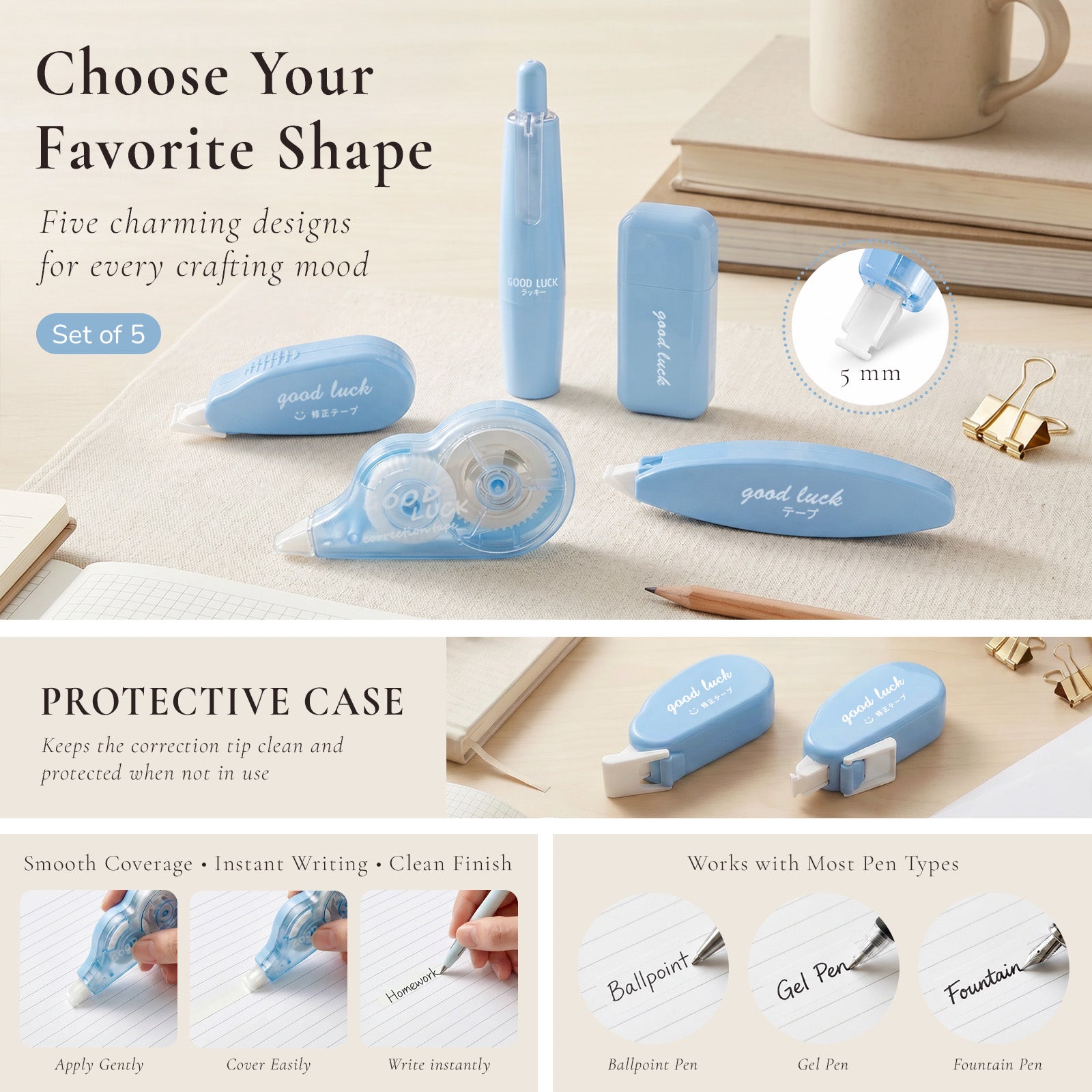 Wrapables Aesthetic White Correction Tape Set, Smooth Pull Out White Correction Tape for Office Supplies (Set of 5), Blue