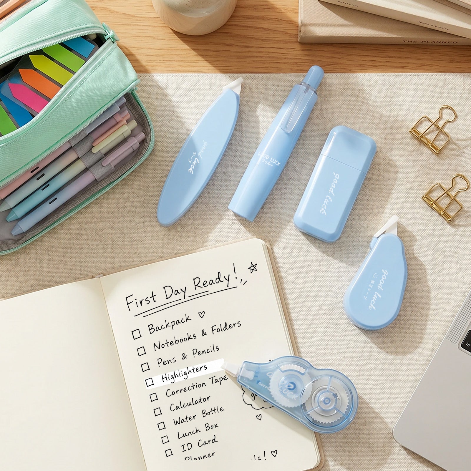 Wrapables Aesthetic White Correction Tape Set, Smooth Pull Out White Correction Tape for Office Supplies (Set of 5), Blue
