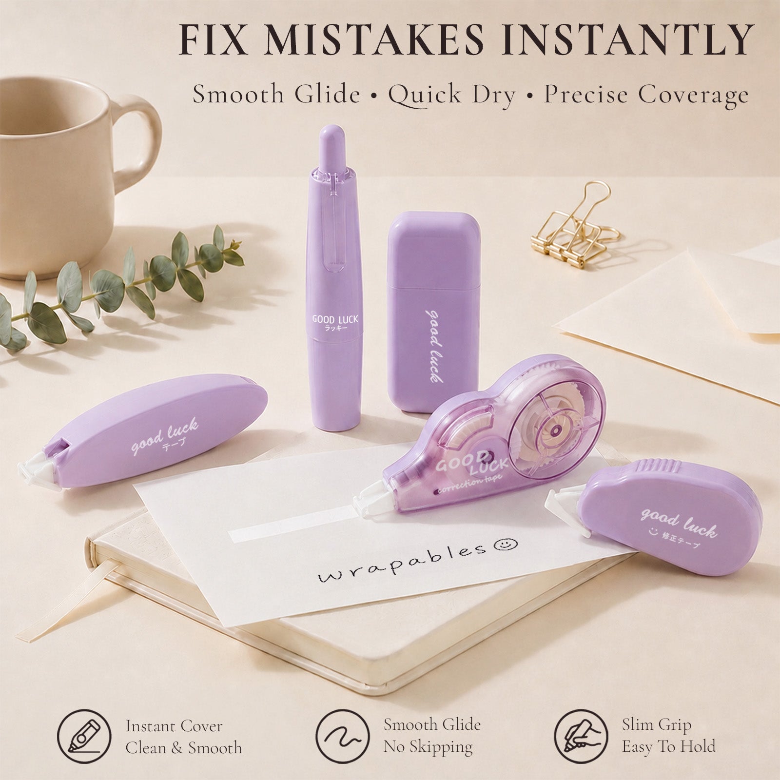 Wrapables Aesthetic White Correction Tape Set, Smooth Pull Out White Correction Tape for Office Supplies (Set of 5), Purple