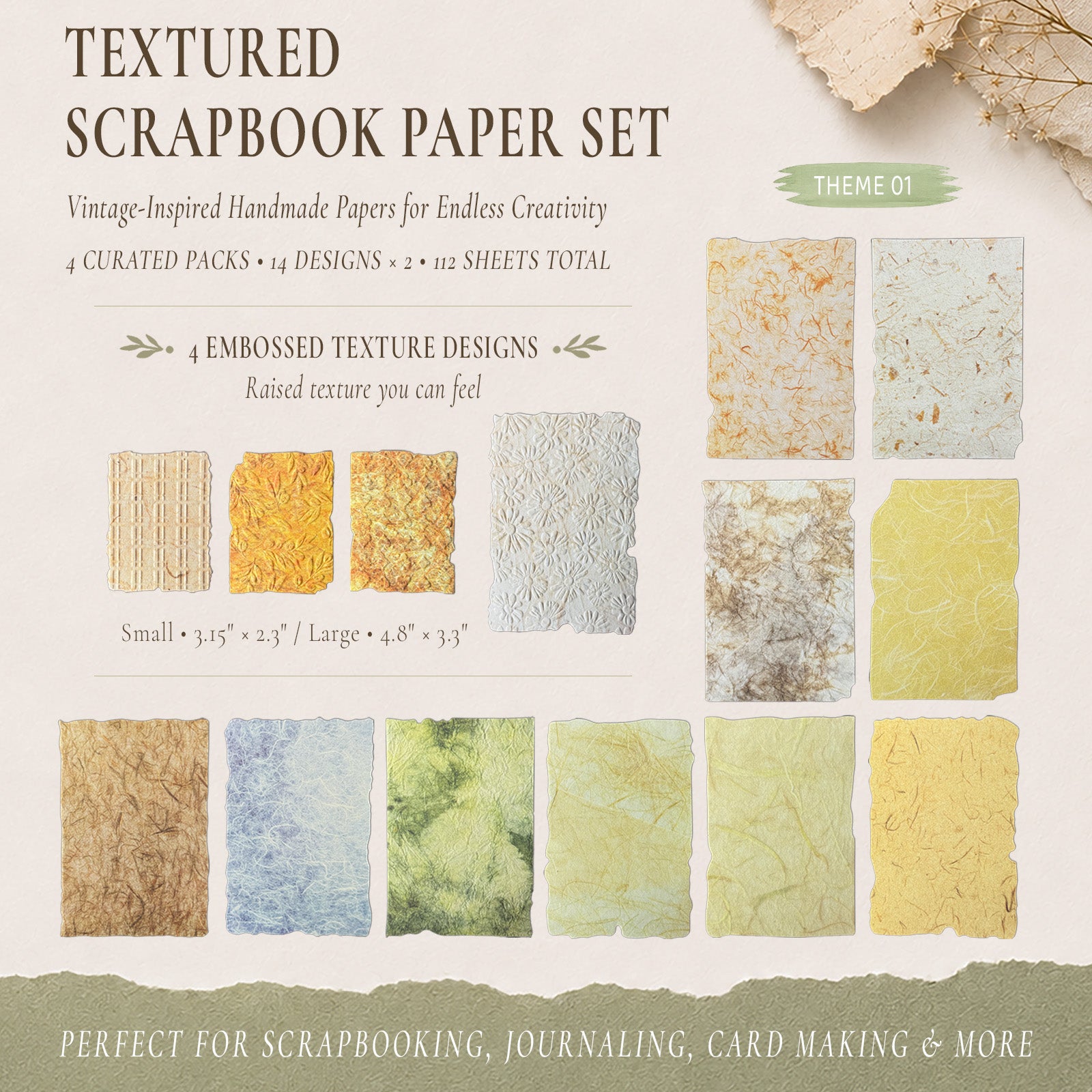 Wrapables Textured Scrapbook Paper Kit, Vintage Embossed Rice Craft Paper for Scrapbooking, Junk Journals, Card Making, Decoupage (Set of 4)