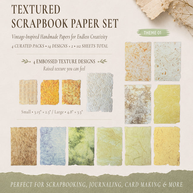 Wrapables Textured Scrapbook Paper Kit, Vintage Embossed Rice Craft Paper for Scrapbooking, Junk Journals, Card Making, Decoupage (Set of 4)