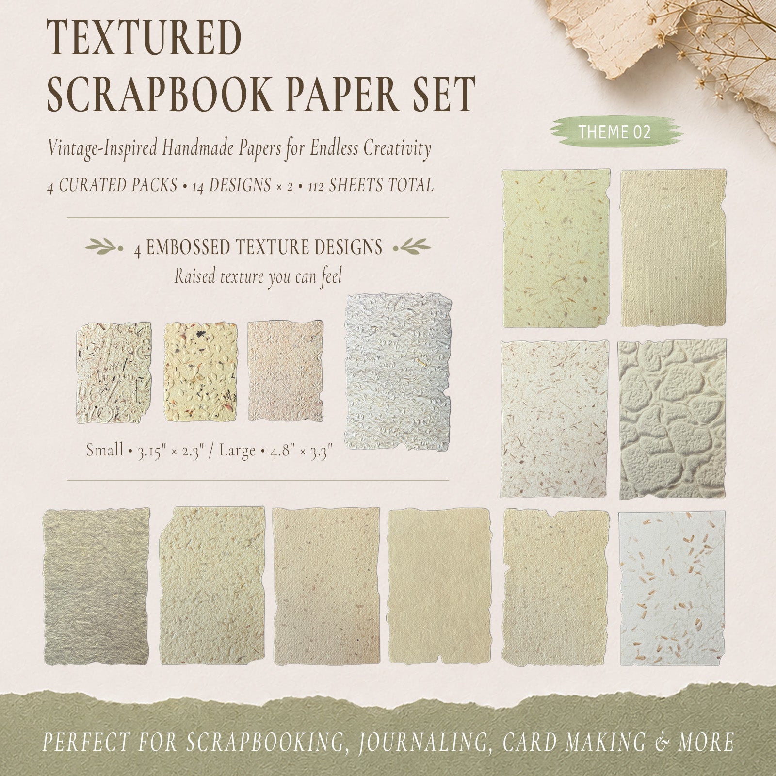 Wrapables Textured Scrapbook Paper Kit, Vintage Embossed Rice Craft Paper for Scrapbooking, Junk Journals, Card Making, Decoupage (Set of 4)