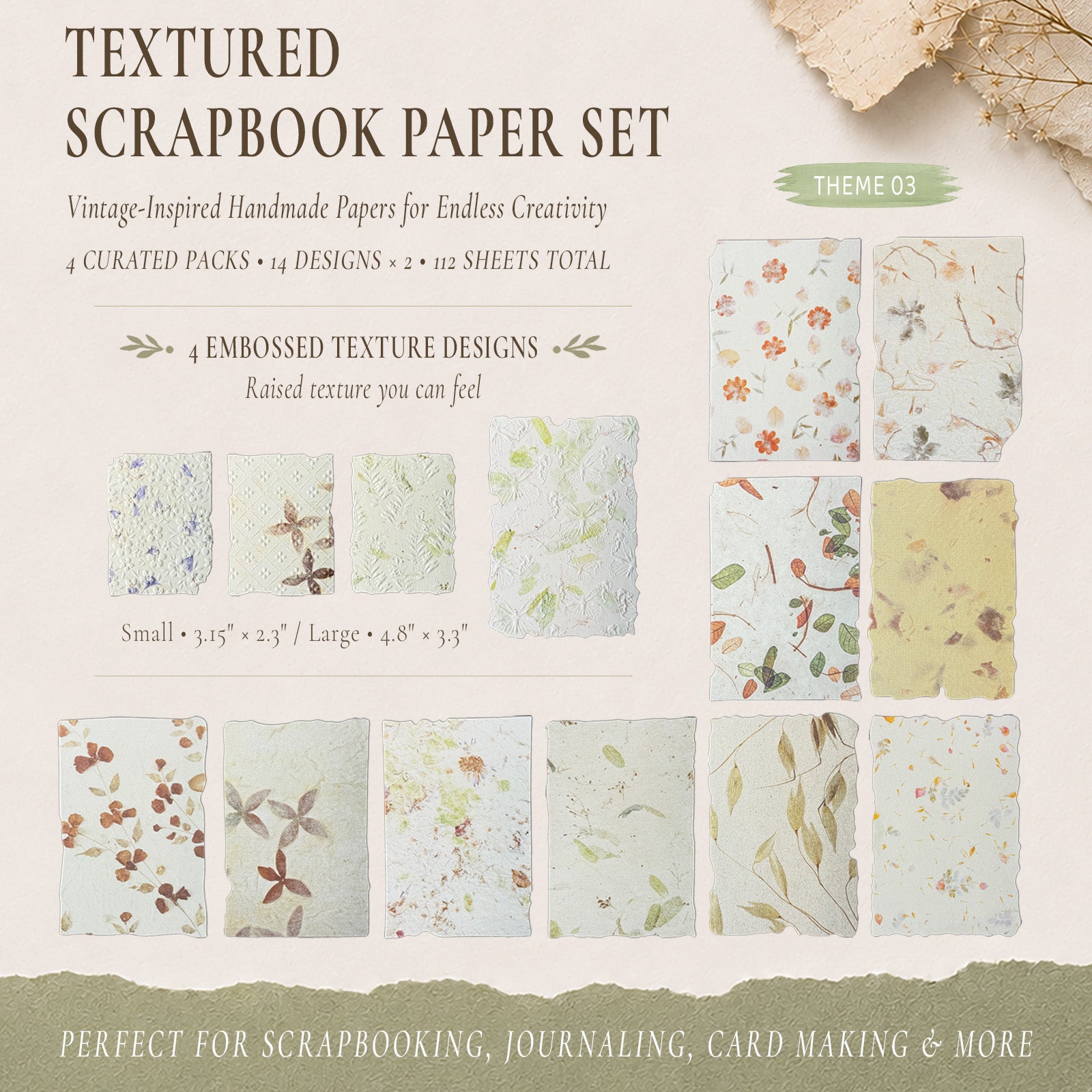 Wrapables Textured Scrapbook Paper Kit, Vintage Embossed Rice Craft Paper for Scrapbooking, Junk Journals, Card Making, Decoupage (Set of 4)
