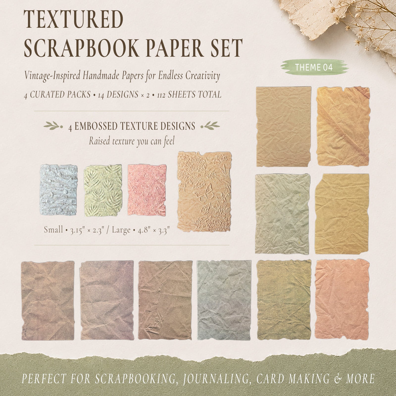 Wrapables Textured Scrapbook Paper Kit, Vintage Embossed Rice Craft Paper for Scrapbooking, Junk Journals, Card Making, Decoupage (Set of 4)