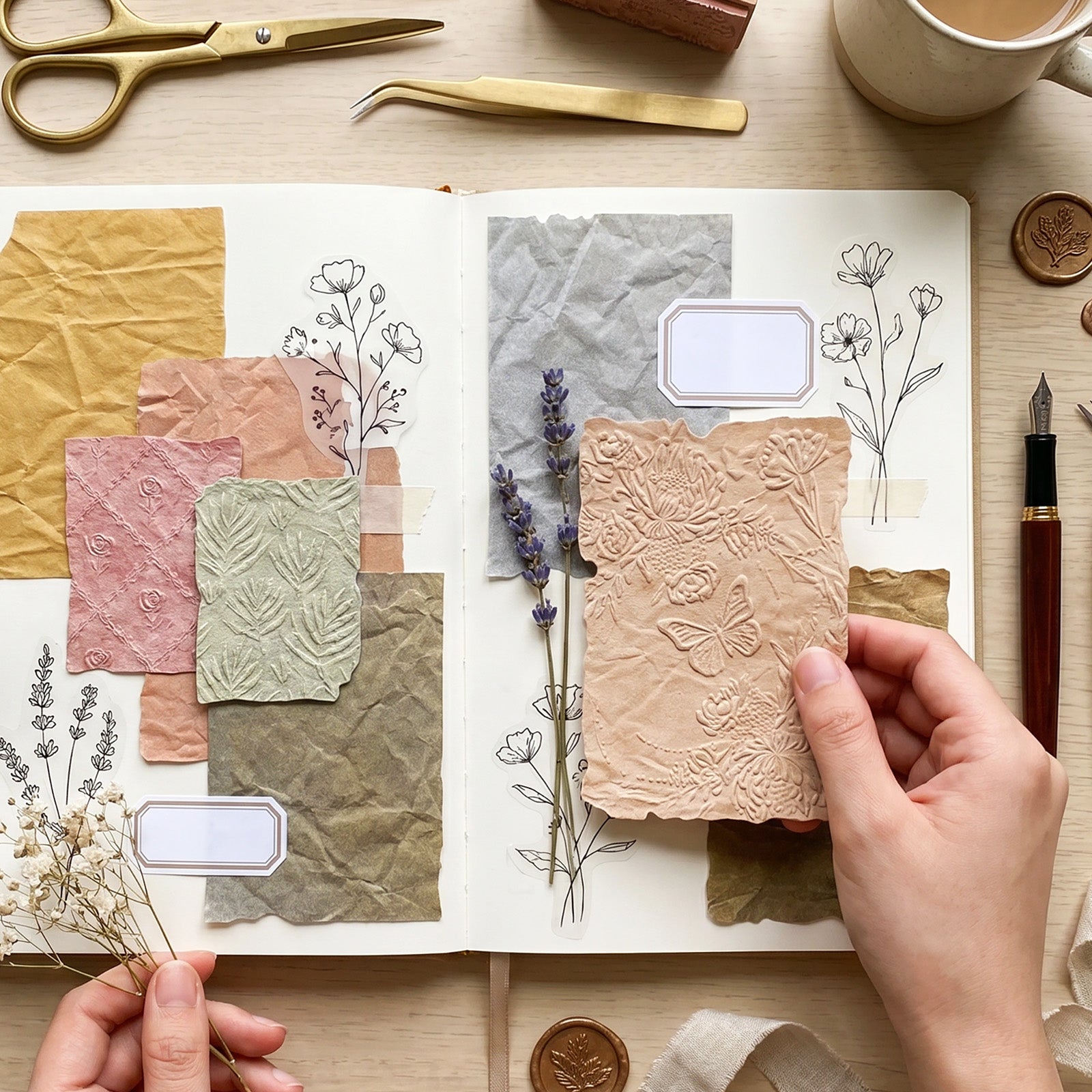 Wrapables Textured Scrapbook Paper Kit, Vintage Embossed Rice Craft Paper for Scrapbooking, Junk Journals, Card Making, Decoupage (Set of 4)