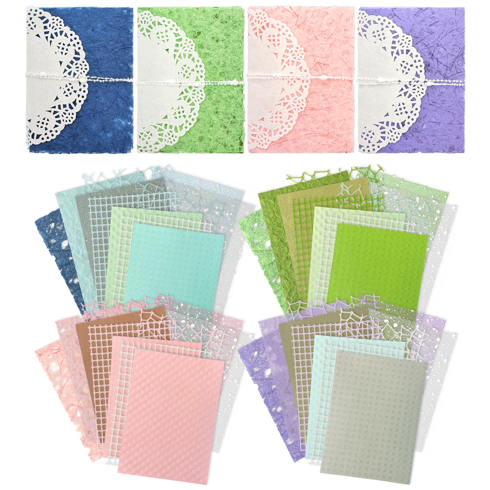 Wrapables Textured Scrapbook Paper and Mesh Fabric Supplies Set, Decorative Paper Kit for Scrapbooking, Junk Journals, Card Making (Set of 4)